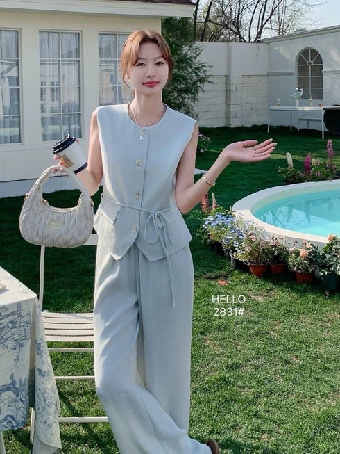 Round Neck Button Vest with Trousers Sets With Rope